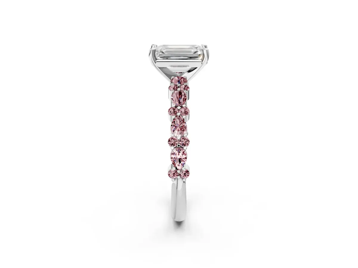 Emerald Cut Diamond Side Stone Solitaire Ring with Round Morganite and Four-Prong Setting Platinum