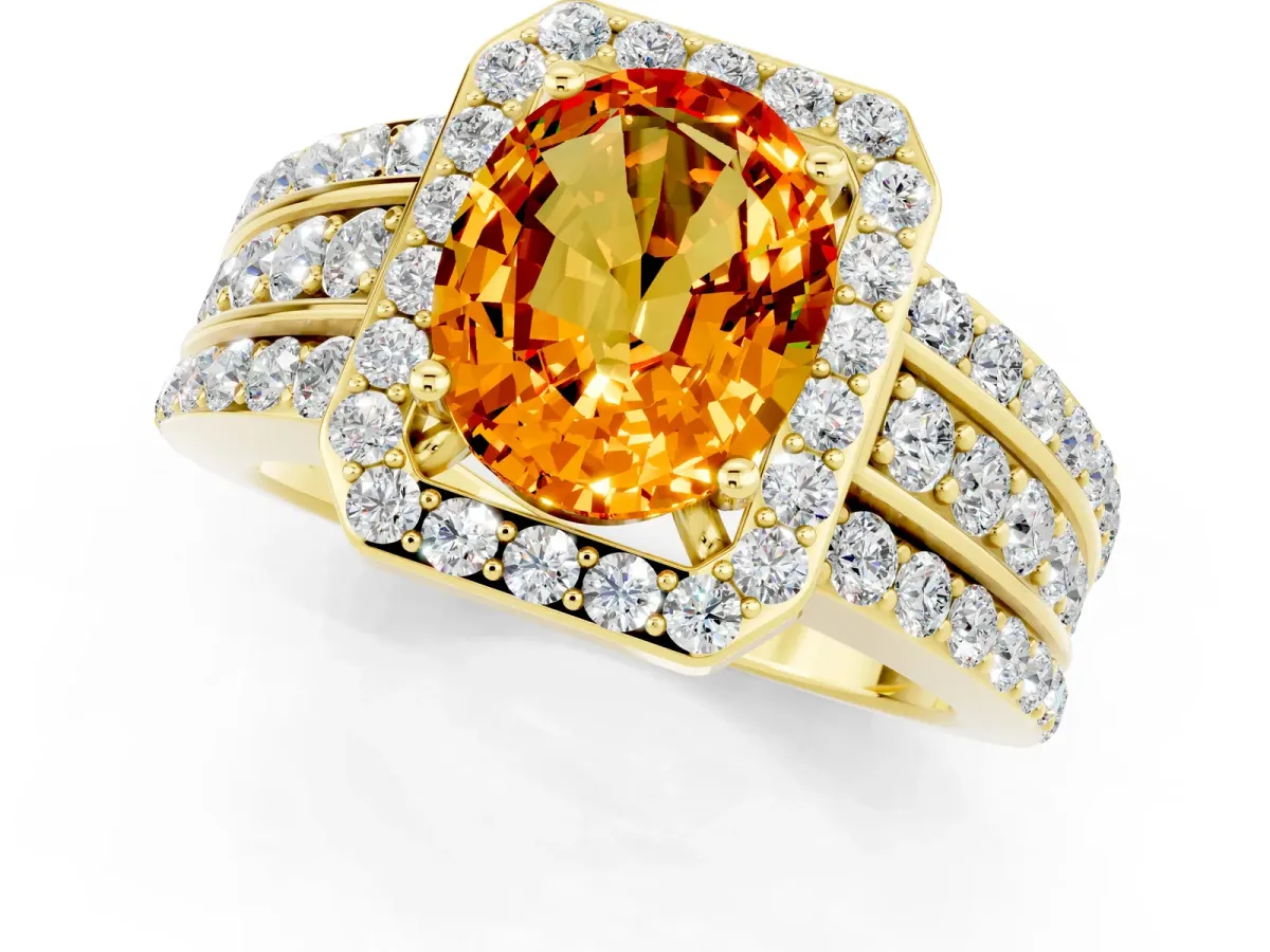 Oval Cut Halo Citrine Ring with Round Split Shank and Prong Setting Yellow gold