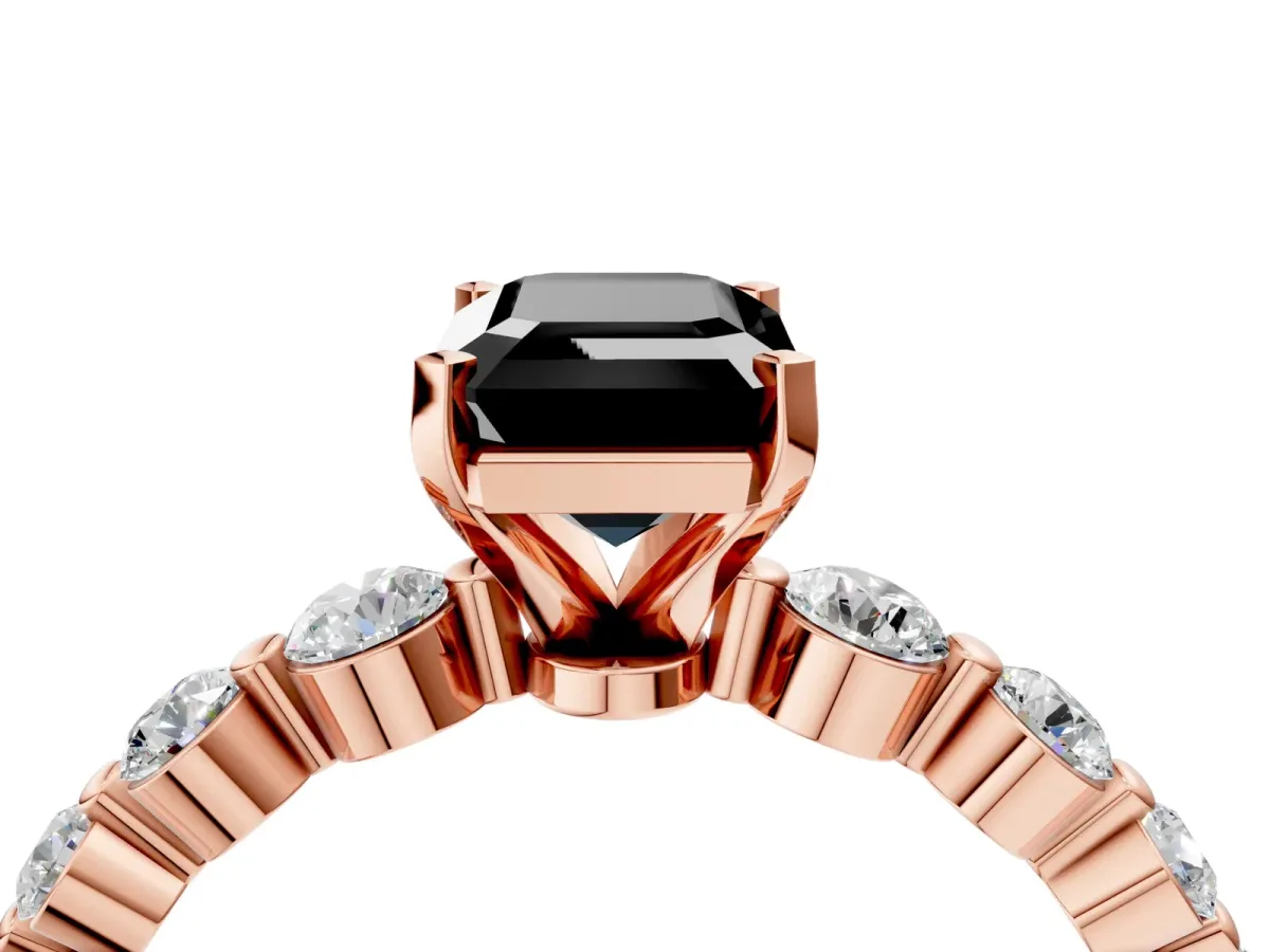 Fancy Black Emerald Cut Solitaire Diamond Ring with Pave Band and Four-Prong Setting Rose gold