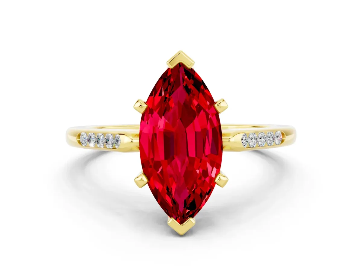 Marquise Cut Ruby Solitaire Ring with Channel Set Round Band and Prong Setting Yellow gold