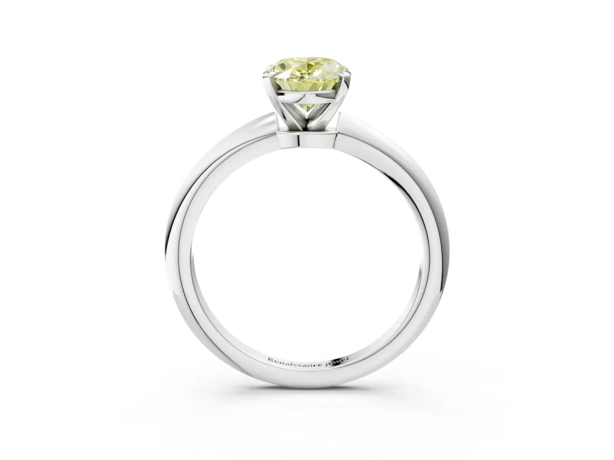 Fancy Yellow Oval Cut Diamond Solitaire Ring with Six-Prong Setting and Classic Band Platinum