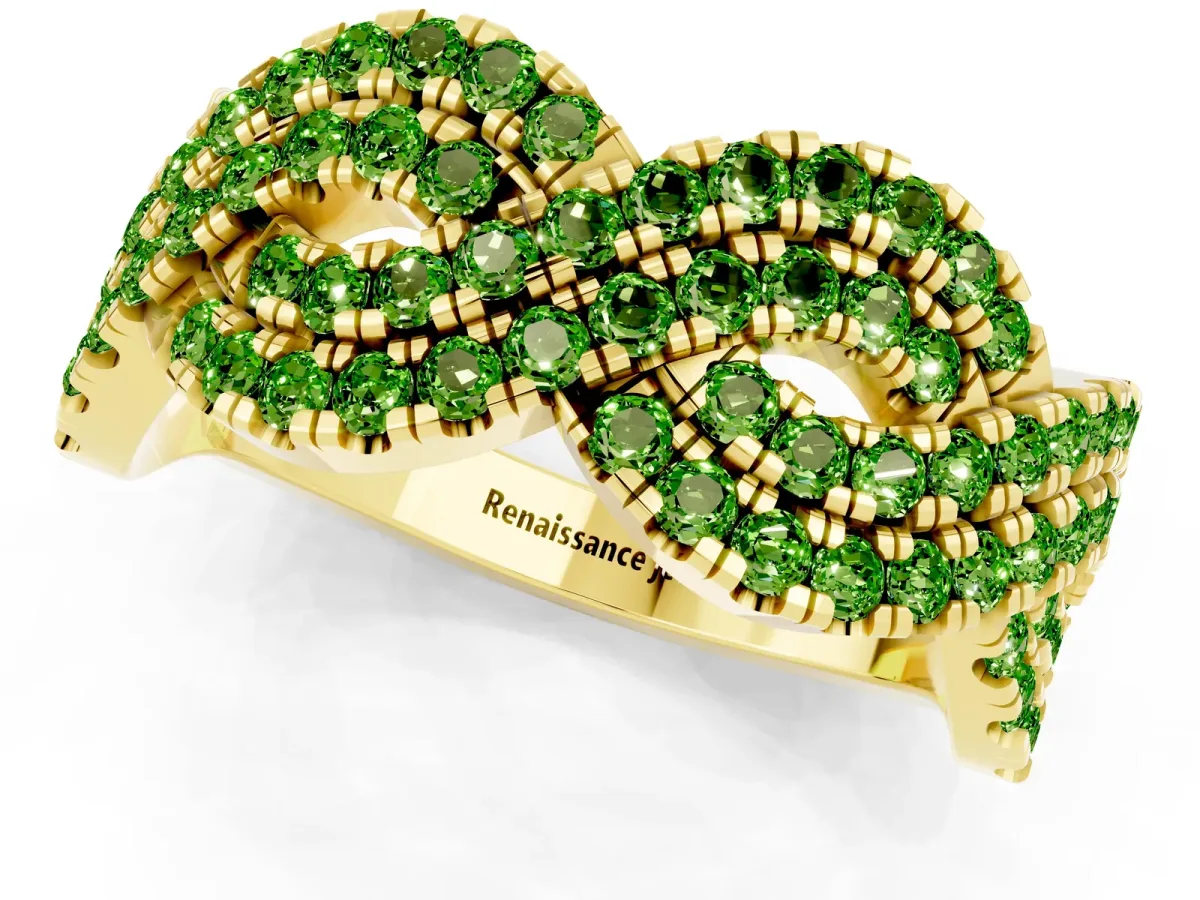 Pavé Round Peridot Infinity Twist Band with Shared Prong Setting Yellow gold