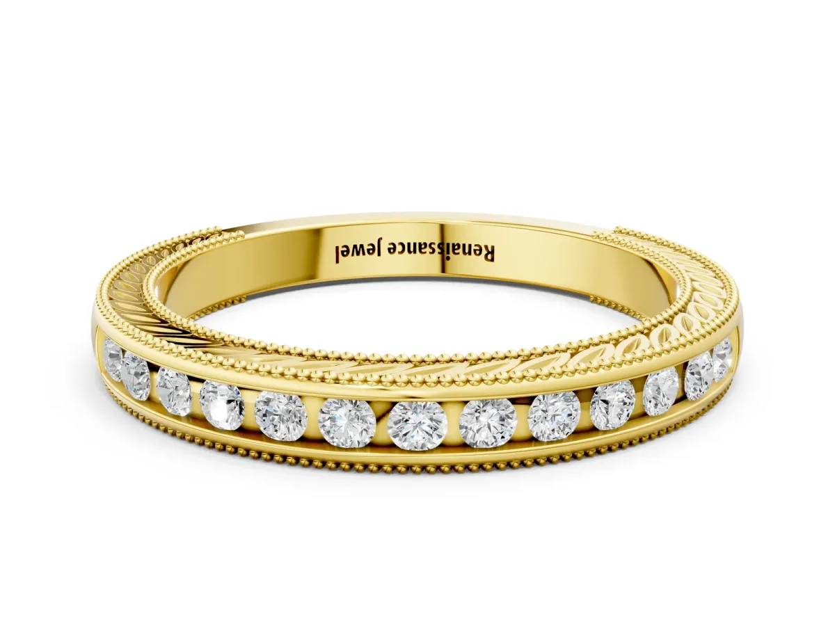 Channel Set Round Diamond Milgrain Edge Wedding Band Yellow gold
