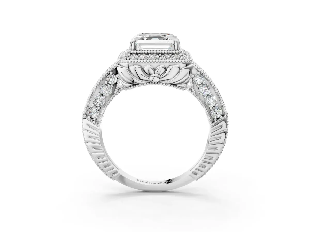 Asscher Cut Halo Diamond Split Shank Ring with Milgrain Detail Platinum