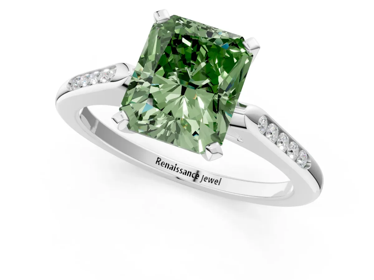 Fancy Green Radiant Cut Diamond Solitaire Ring with Channel Set Round Band and Prong Setting Silver