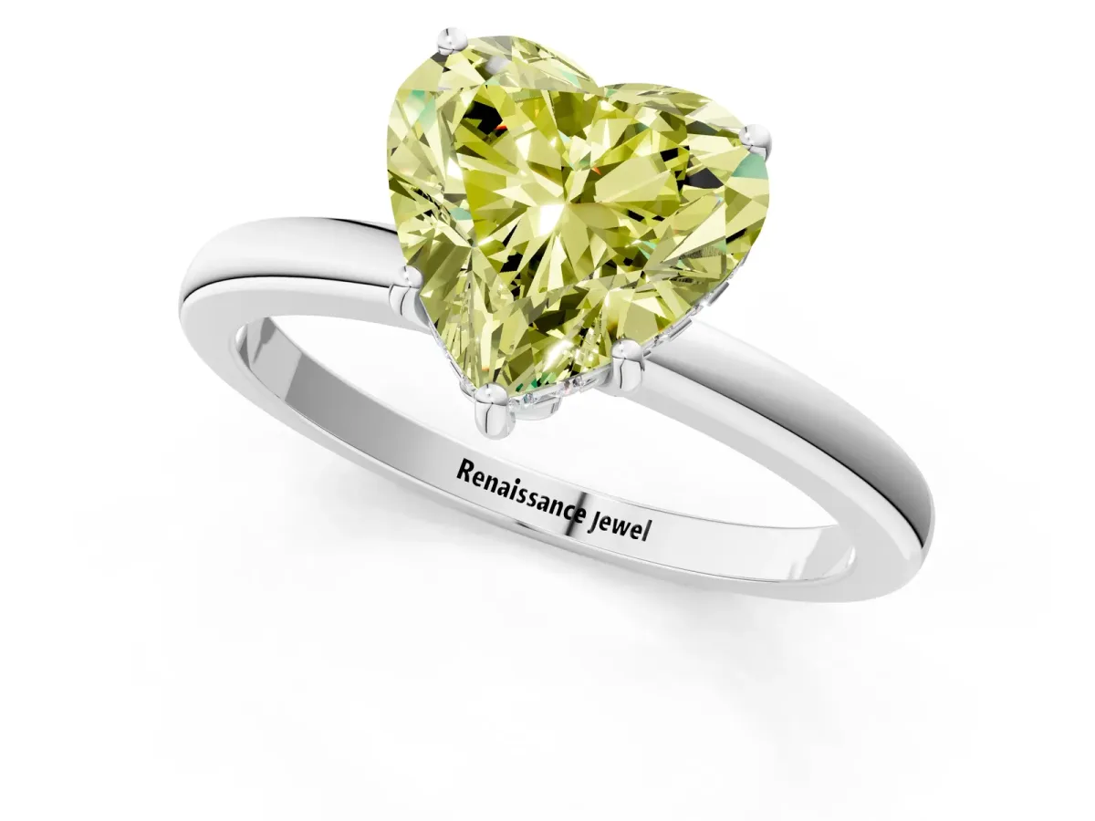 Fancy Yellow Heart Cut Solitaire Diamond Ring with Prong Setting and Plain Band Silver