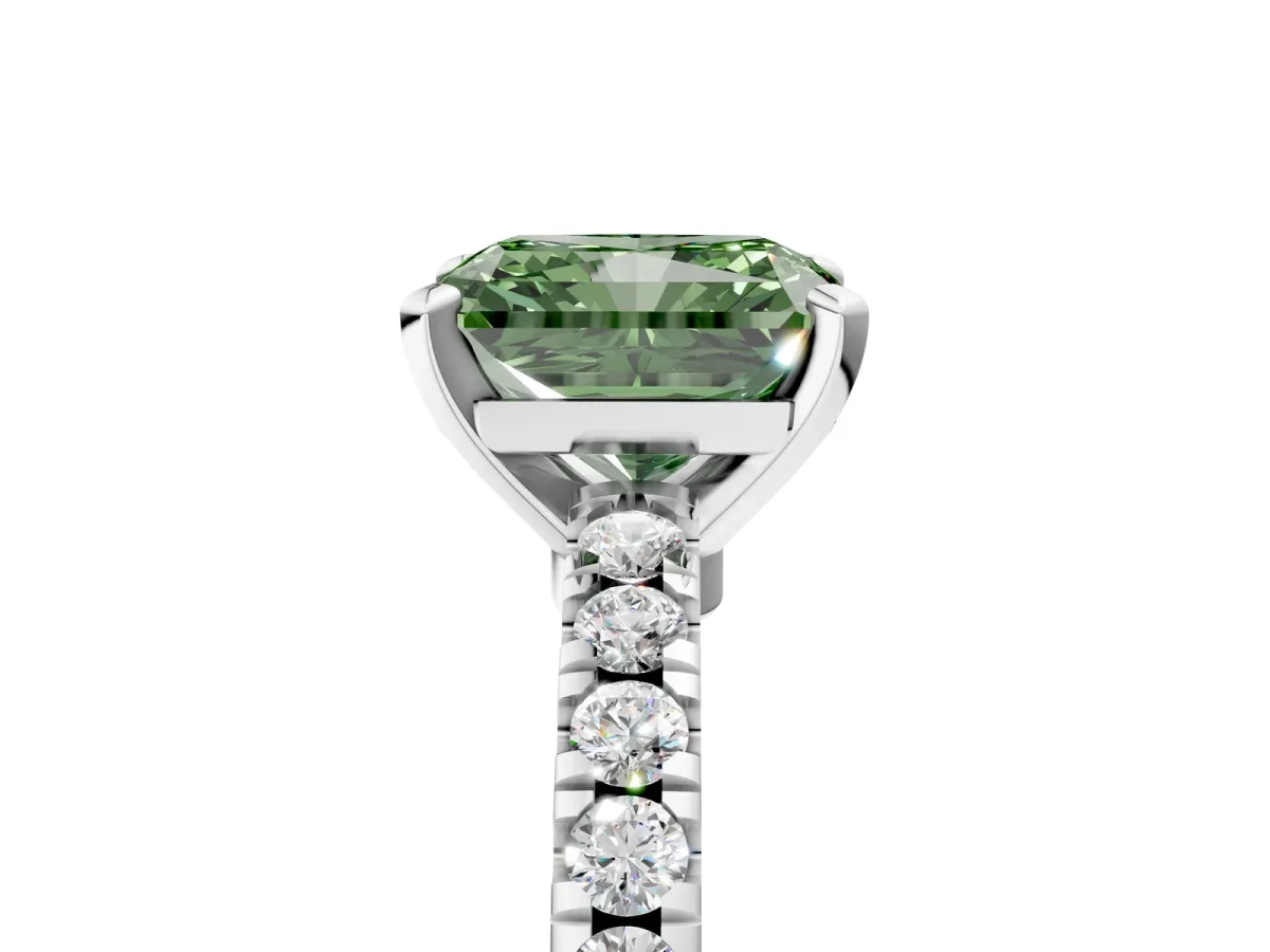 Fancy Green Radiant Cut Solitaire Diamond with Pavé Band and Four-Prong Setting Silver