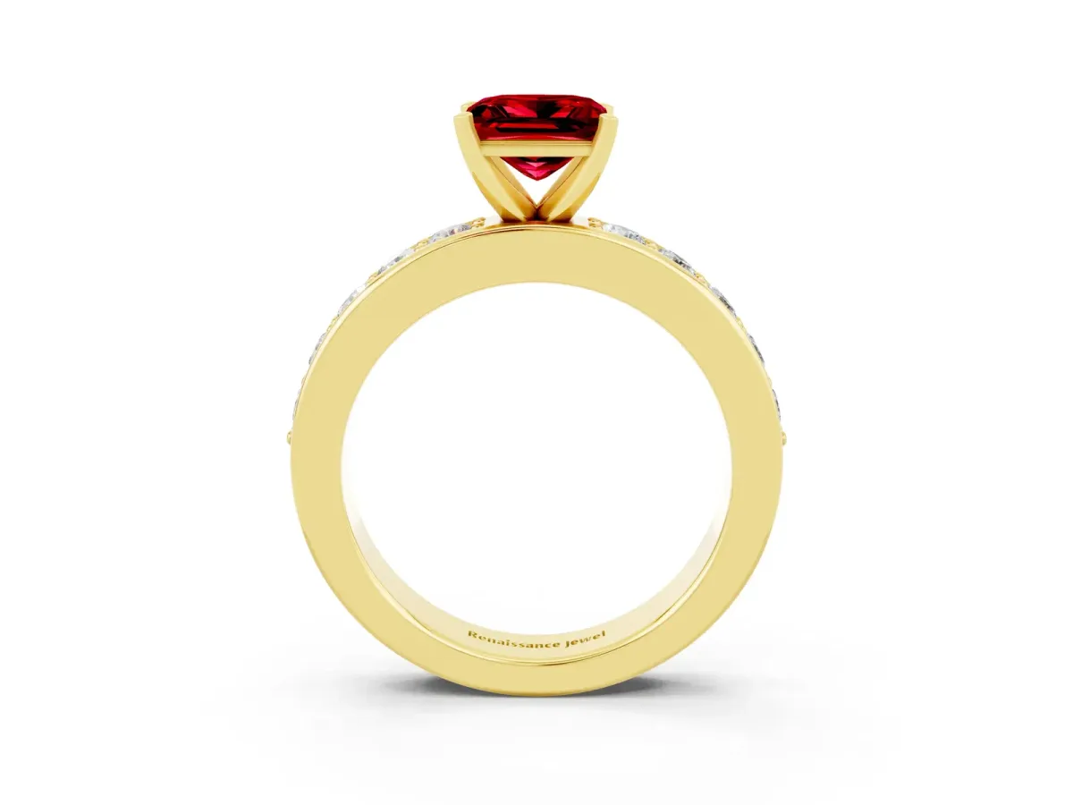 Princess Cut Ruby Engagement Ring with Channel Set Round Band and Prong Setting Yellow gold