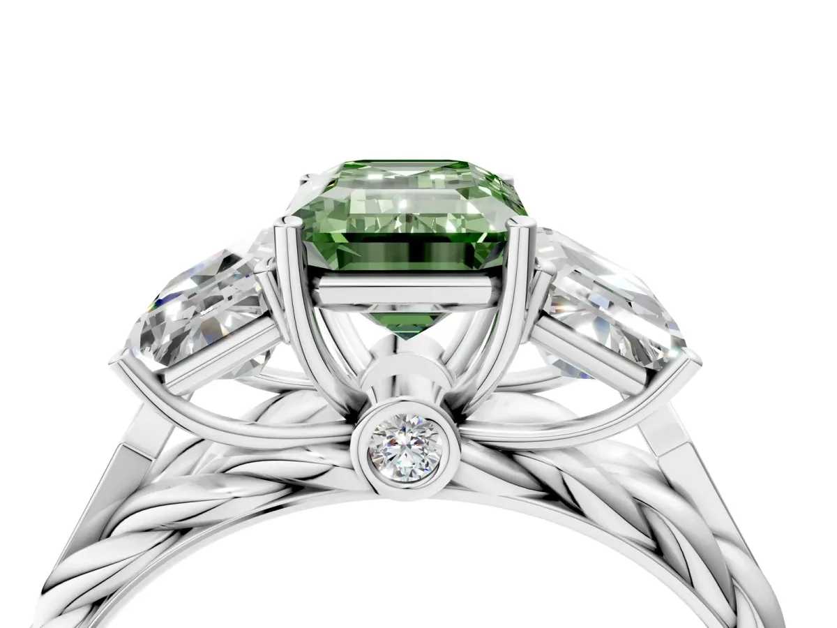 Fancy Green Three-Stone Emerald Cut Diamond Braided Band Ring with Four-Prong Setting Silver