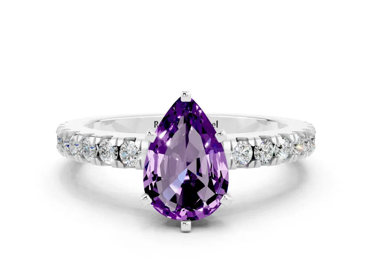 Pear Cut Solitaire Amethyst with Pavé Band and Four-Prong Setting Silver