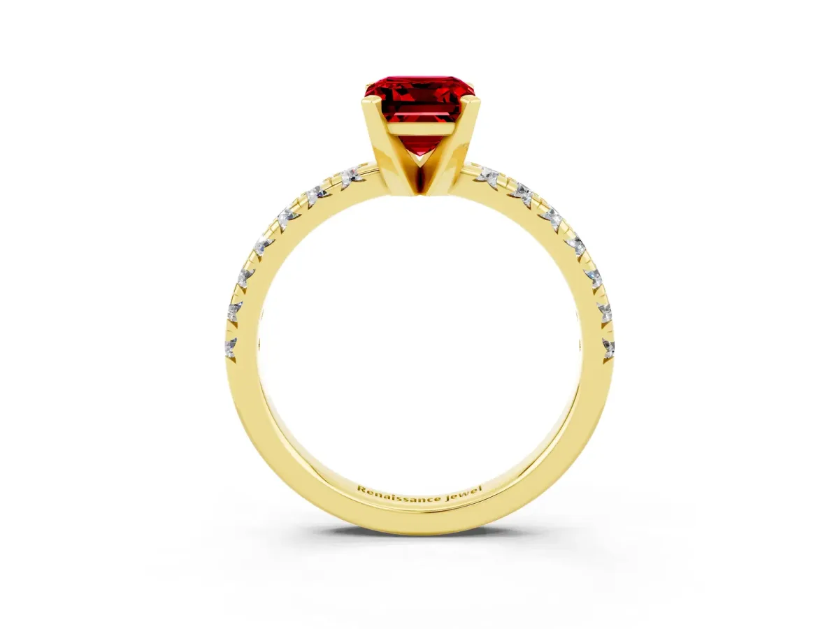 Emerald Cut Ruby Solitaire Pavé Engagement Ring with Round Band and Prong Setting Yellow gold