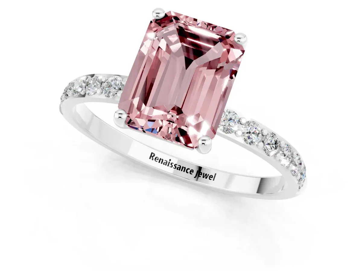 Emerald Cut Morganite Solitaire Ring with Round Pavé Band and Prong Setting Silver