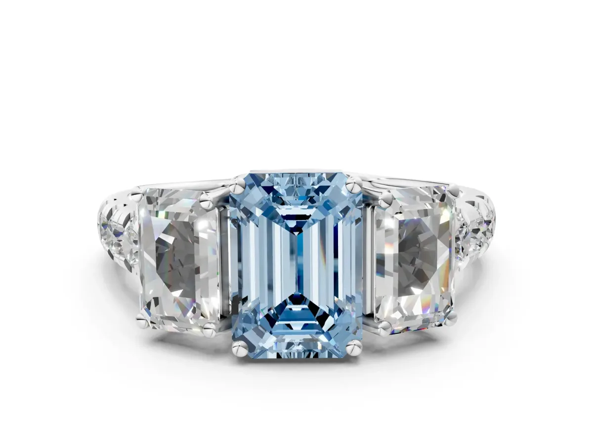 Fancy Blue Three-Stone Emerald Cut Diamond Pavé Band with Prong Setting Platinum