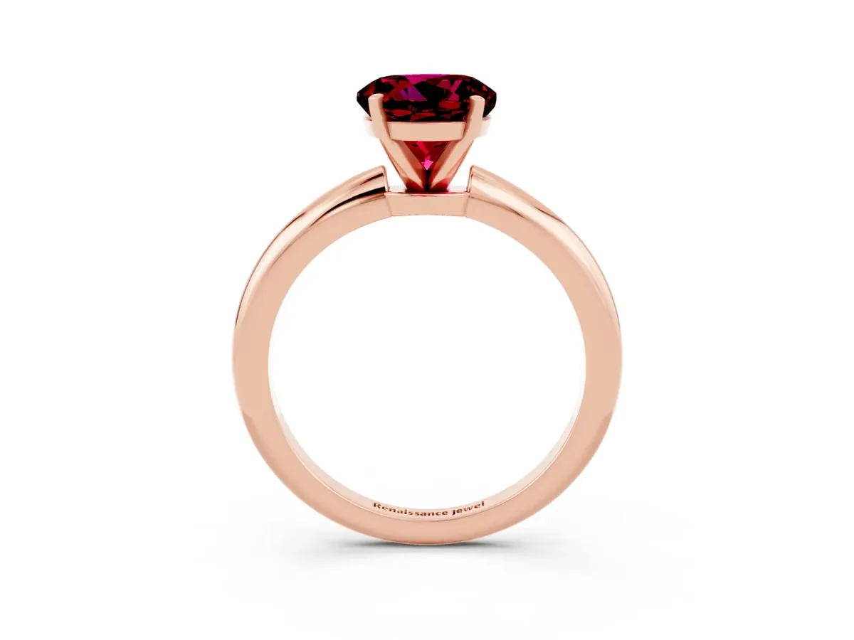 Round Cut Garnet Solitaire Ring with Six-Prong Setting and Classic Band Rose gold