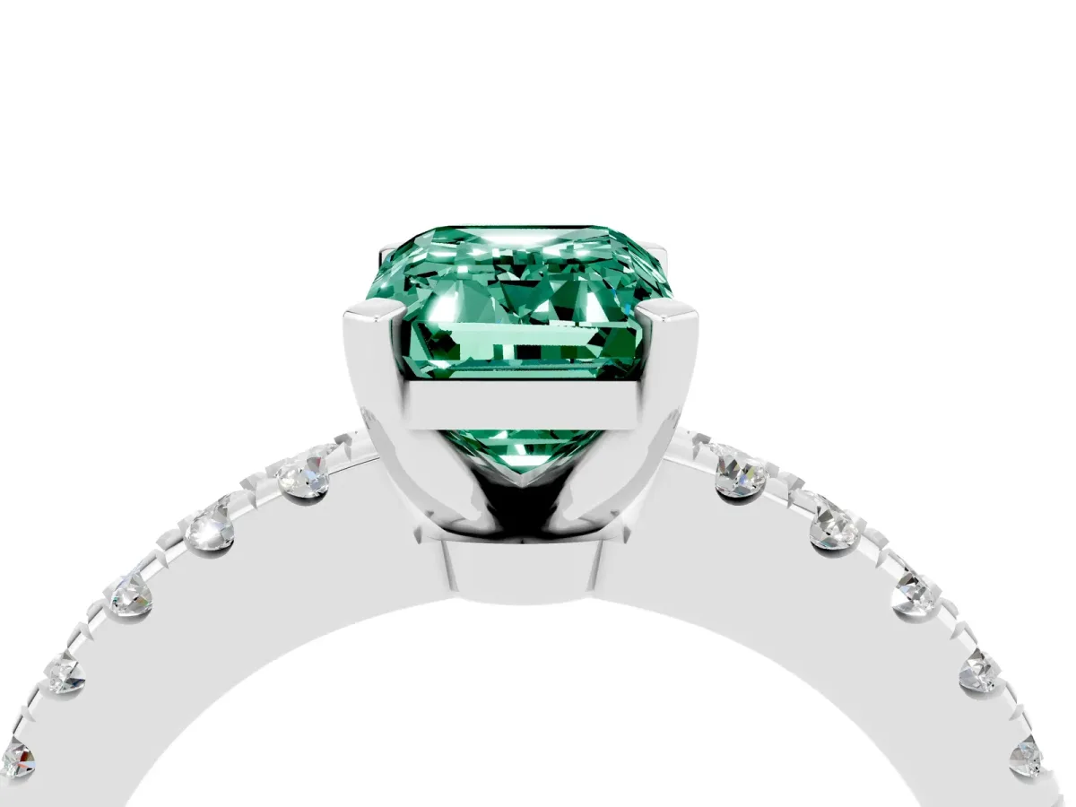 Emerald Cut Solitaire Green Sapphire with Pavé Band and Four-Prong Setting Silver