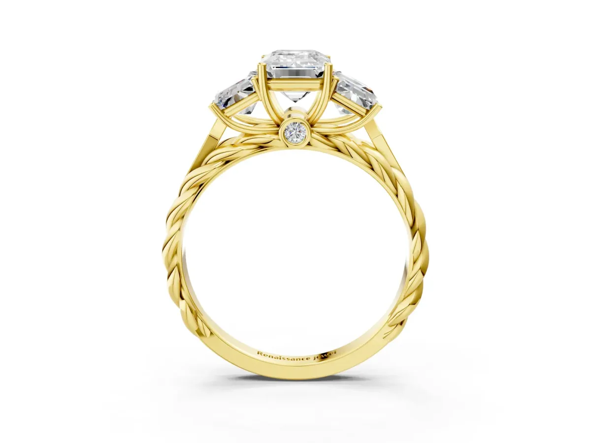 Three-Stone Radiant Cut Diamond Braided Band Ring with Four-Prong Setting Yellow gold