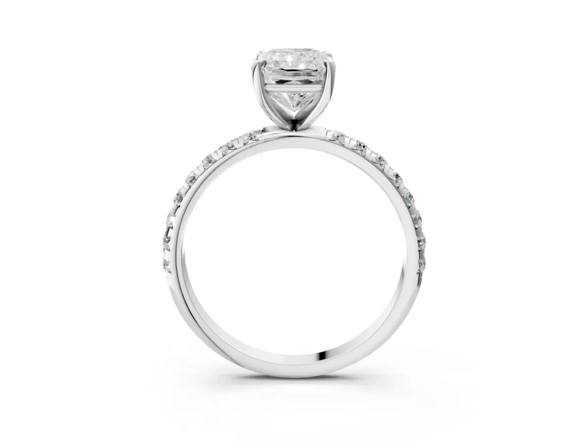 Radiant Cut Cut Diamond Solitaire Ring with Micro Pave Band and Four Prong Setting Platinum