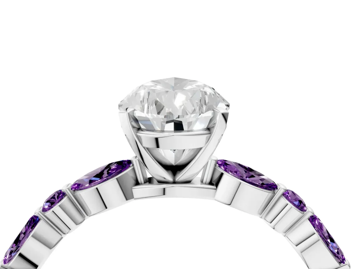 Pear Cut Diamond Ring with Marquise and Round Amethyst Side Stones and Four-Prong Setting Silver