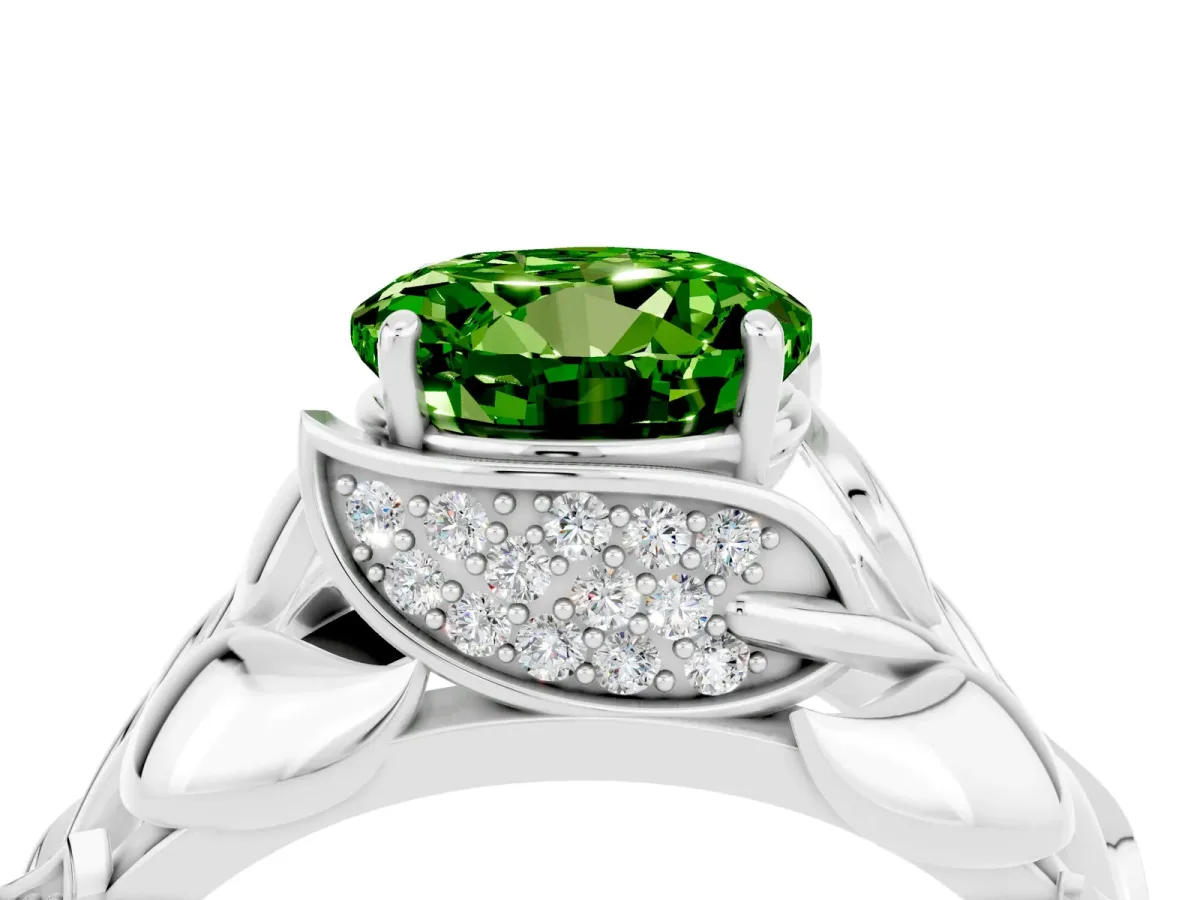 Round Cut Peridot Leaf-Inspired Engagement Ring with Round Accents and Prong Setting Silver