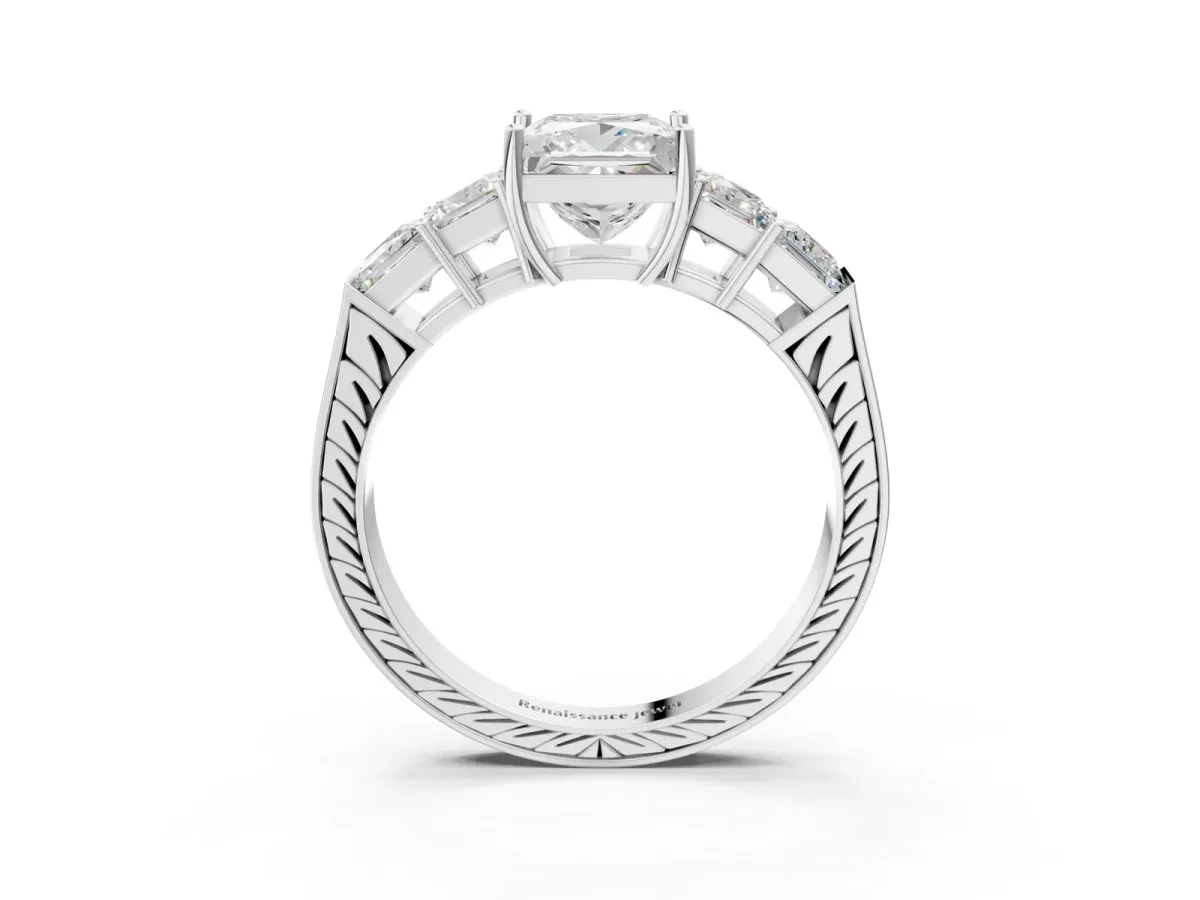 Princess Cut Solitaire Princess Side Stone Engraved Band Prong Setting Ring Platinum