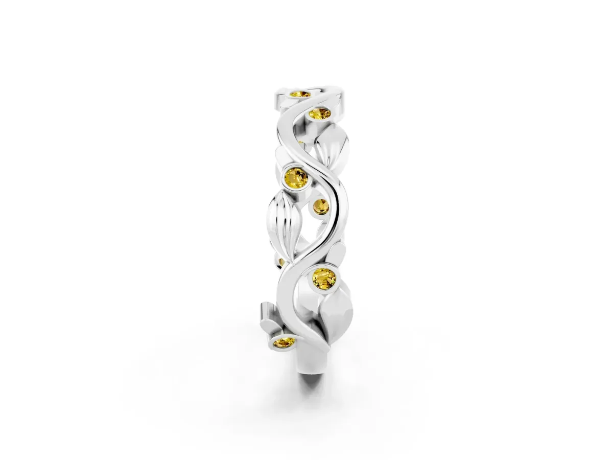 Round Yellow Sapphire Leaf Eternity Band with Bezel Setting White gold