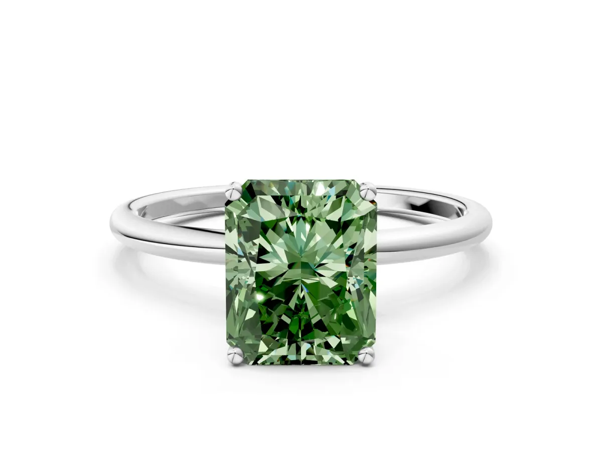 Fancy Green Radiant Cut Cut Solitaire Engagement Ring with Thin Band and Four-Prong Setting Platinum