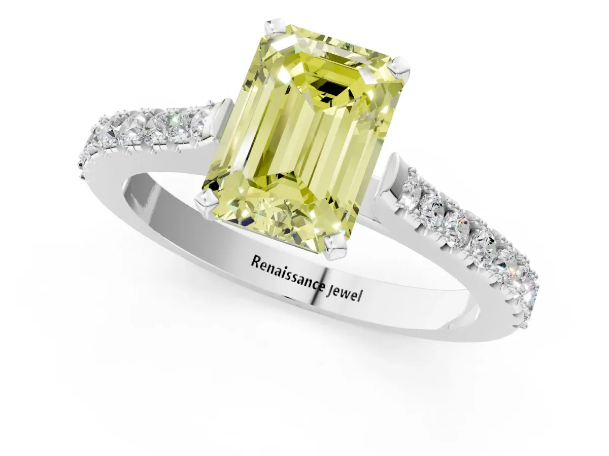 Fancy Yellow Emerald Cut Cut Solitaire Diamond Engagement Ring with Pave Band and Four-Prong Setting Silver