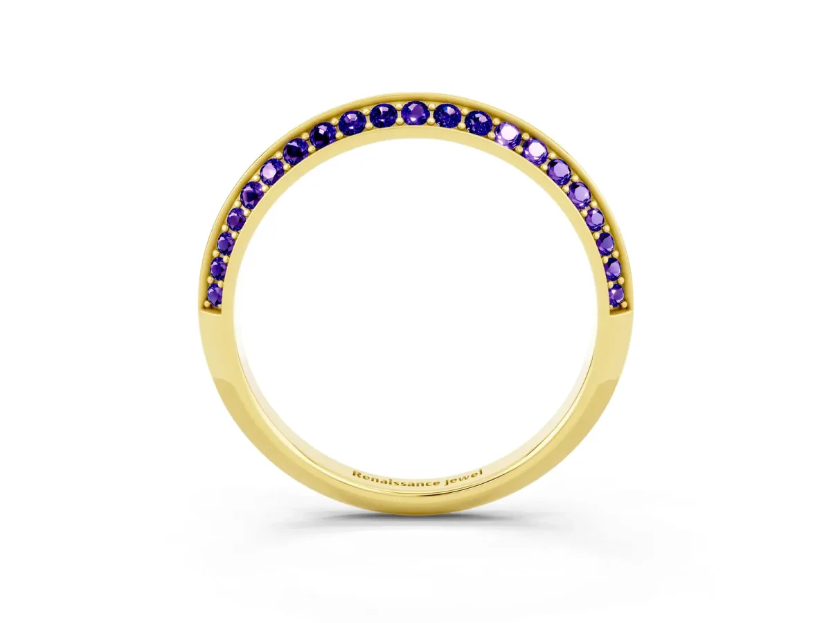 Double Row Pavé Round Tanzanite Eternity Band with Channel Setting Yellow gold