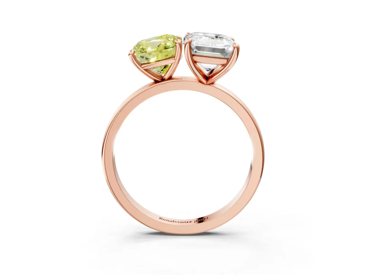Fancy Yellow Cushion Cut and Emerald Cut Toi Moi Ring with Prong Setting Rose gold