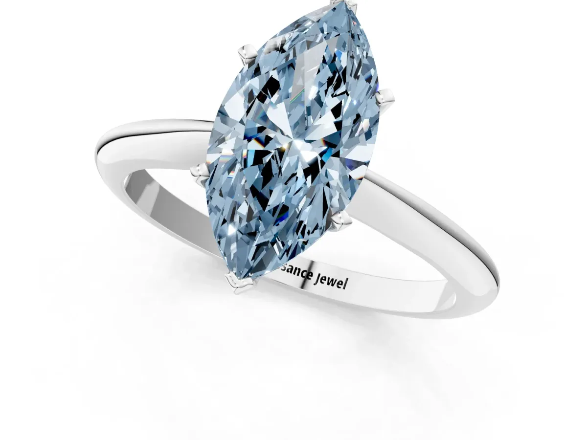 Fancy Blue Marquise Cut Diamond Solitaire Engagement Ring with Classic Band and Four-Prong Setting Silver