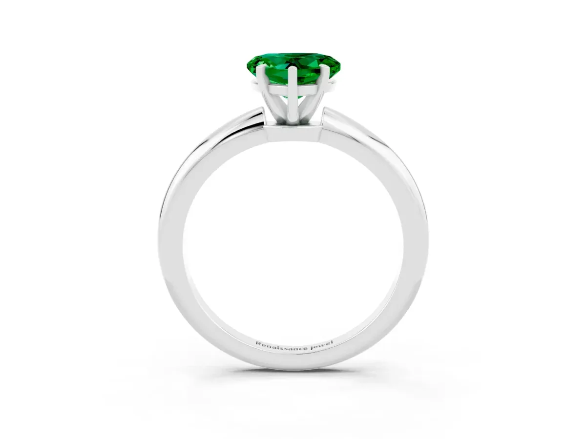 Heart Cut Emerald Solitaire Ring with Six-Prong Setting and Classic Band Silver