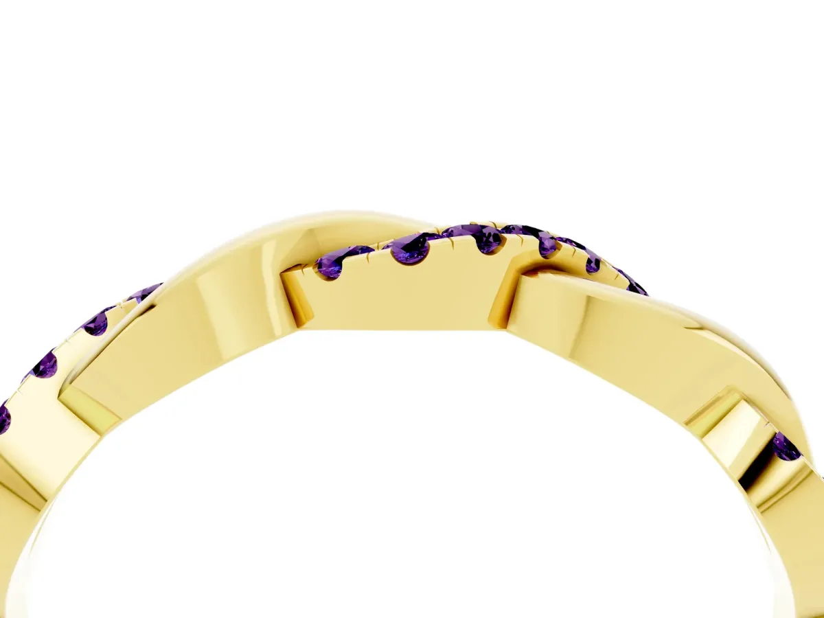 Pavé Round Amethyst Twist Eternity Band with Shared Prong Setting Yellow gold