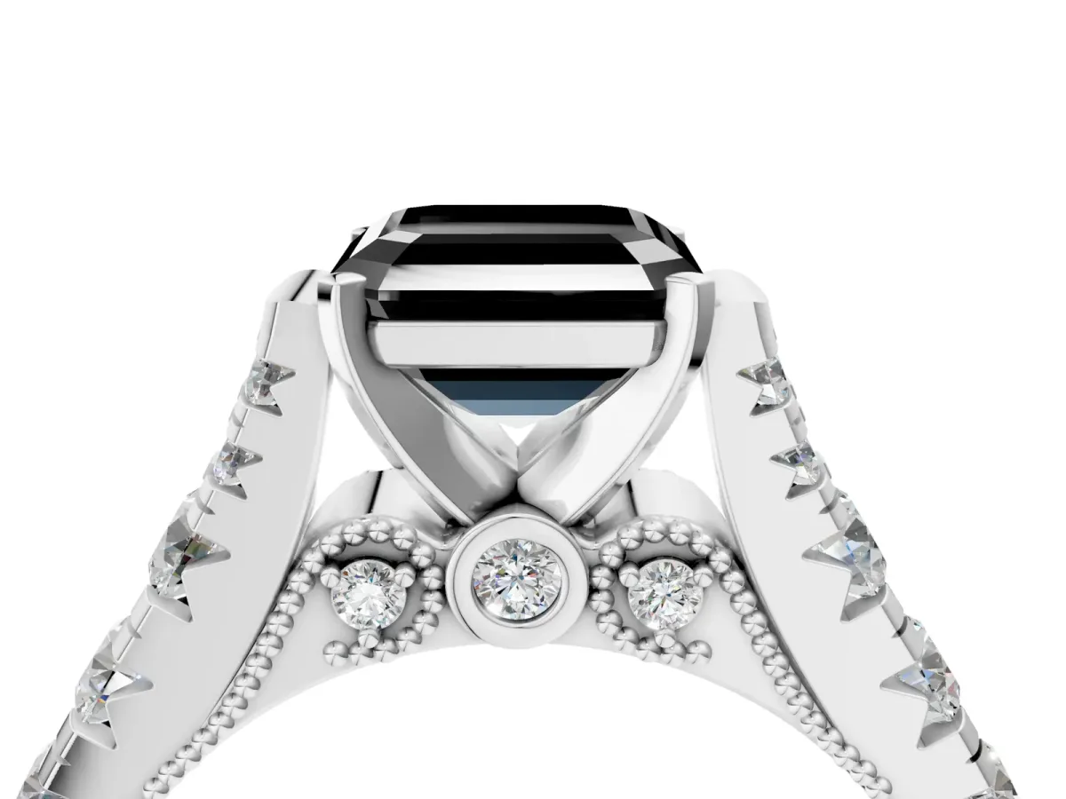 Fancy Black Asscher Cut Diamond Classic Solitaire Ring with Pavé Band and Four-Prong Setting Platinum