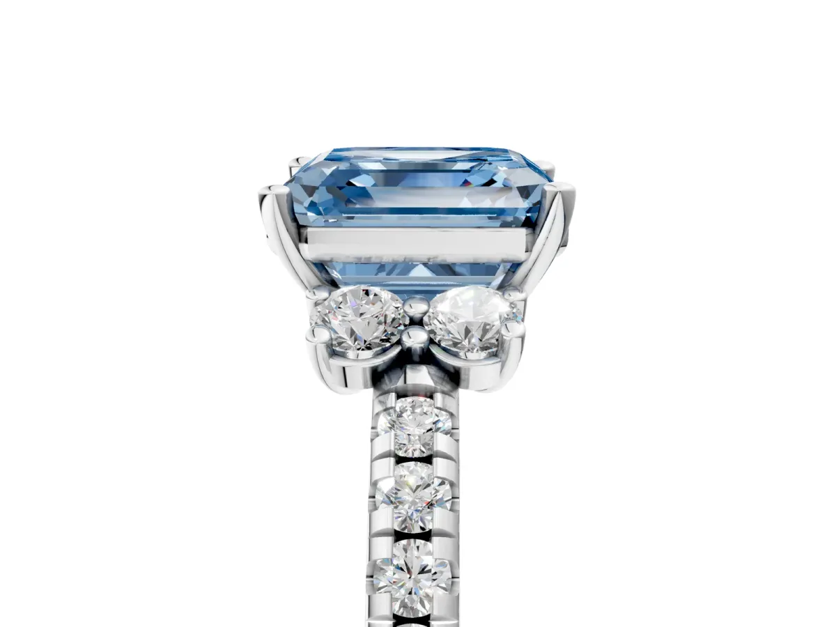 Fancy Blue Asscher Cut Diamond Three-Stone Pave Band with Four-Prong Setting Platinum