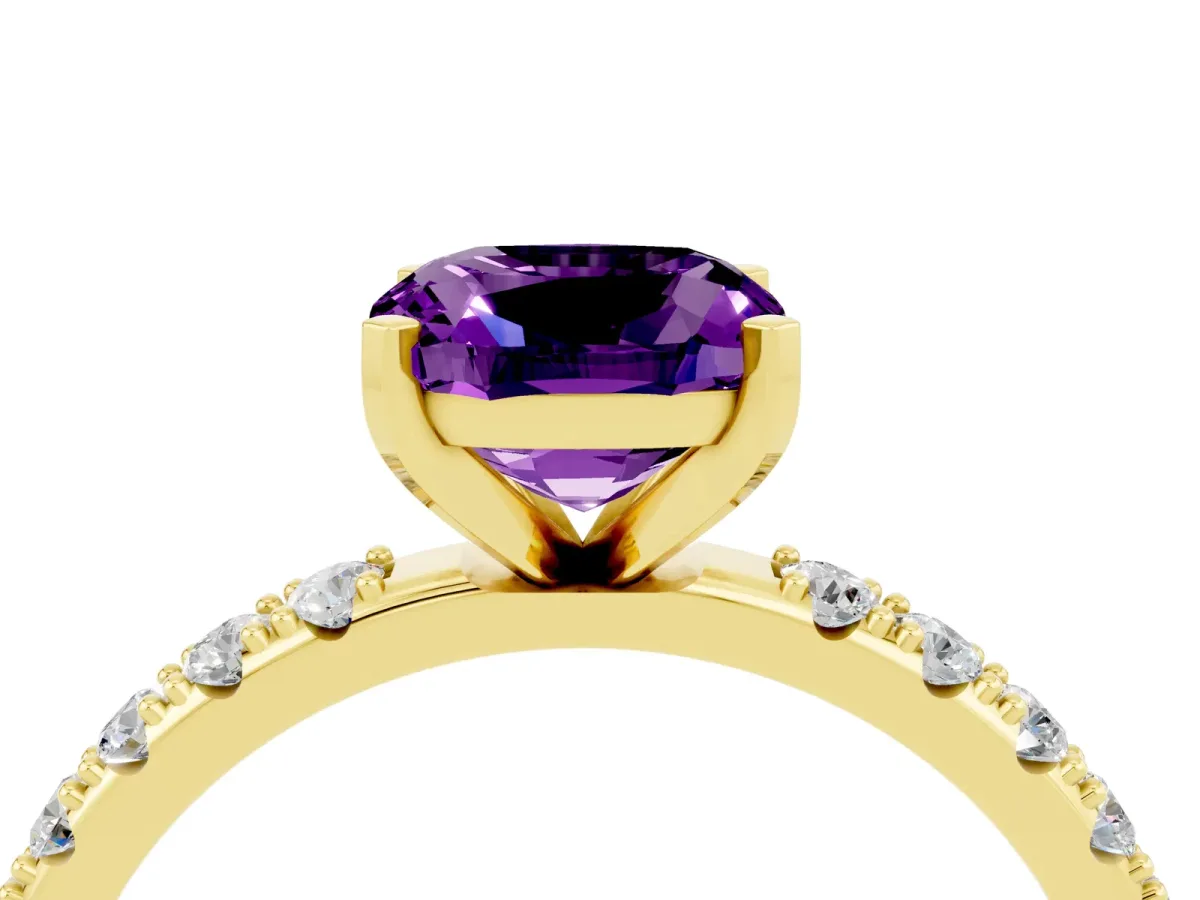Cushion Cut Amethyst Solitaire Pavé Band with Four-Prong Setting Yellow gold