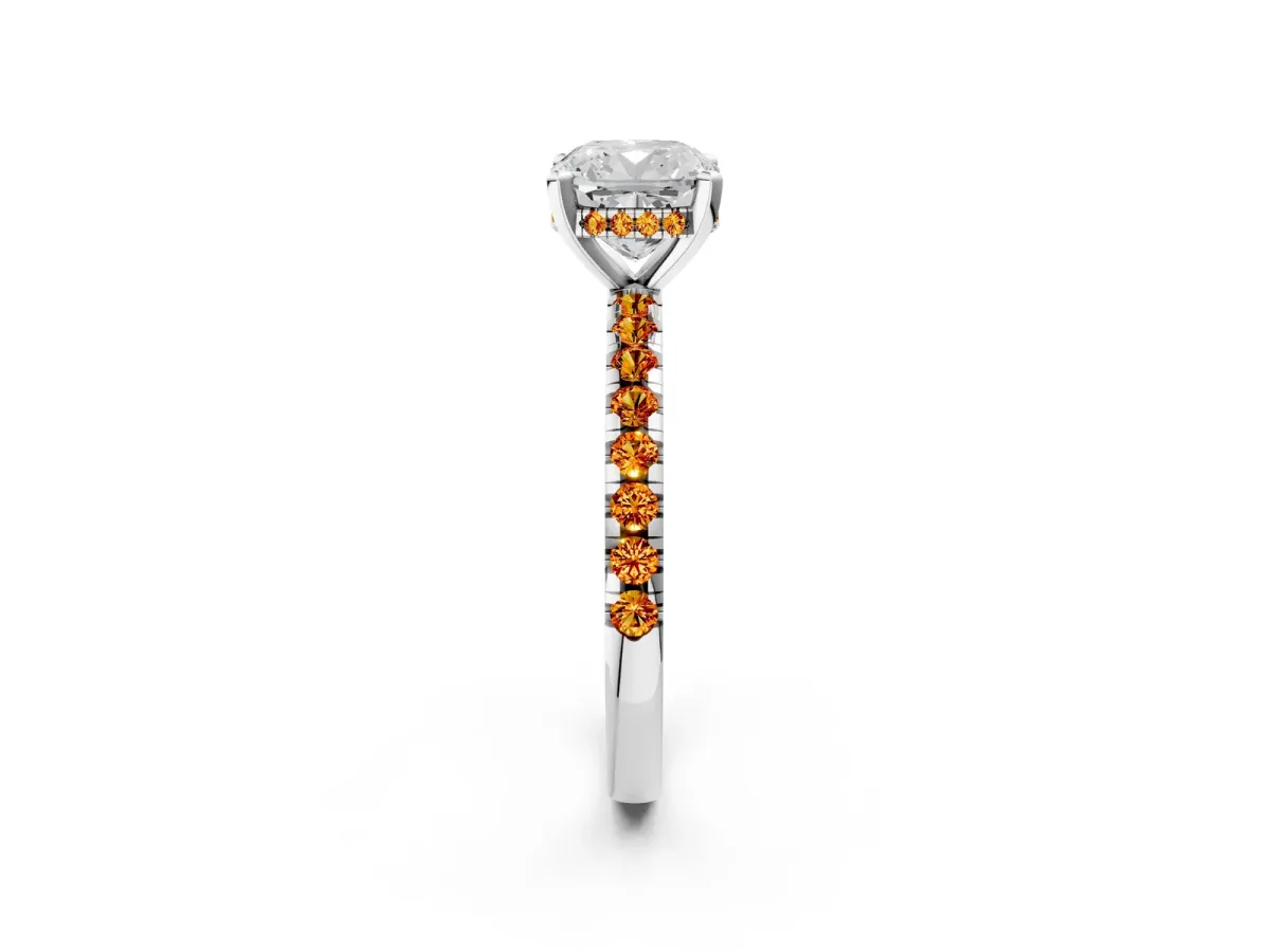 Cushion Cut Diamond Solitaire Ring with Round Citrine Pavé Band and Four-Prong Setting Silver