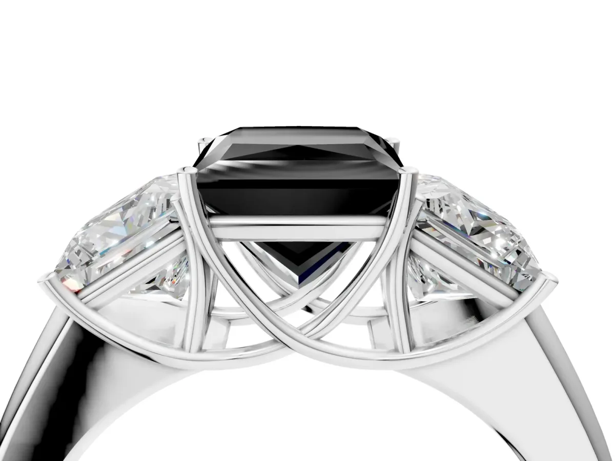 Fancy Black Three-Stone Princess Cut Cut Diamond Ring with Prong Setting and Classic Band White gold