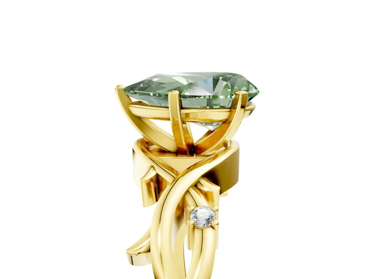 Fancy Green Pear Cut Diamond Solitaire Ring with Twisted Band and Prong Setting Yellow gold