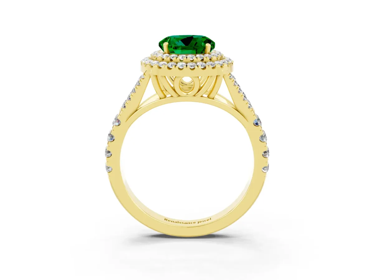 Round Cut Emerald Double Halo Ring with Split Shank and Prong Setting Yellow gold
