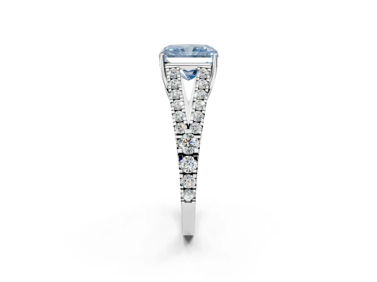 Fancy Blue Radiant Cut Diamond Split Shank Pavé Engagement Ring with Four-Prong Setting White gold