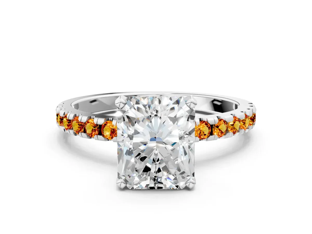 Radiant Cut Diamond Solitaire Ring with Round Citrine Pavé Band and Four-Prong Setting Silver