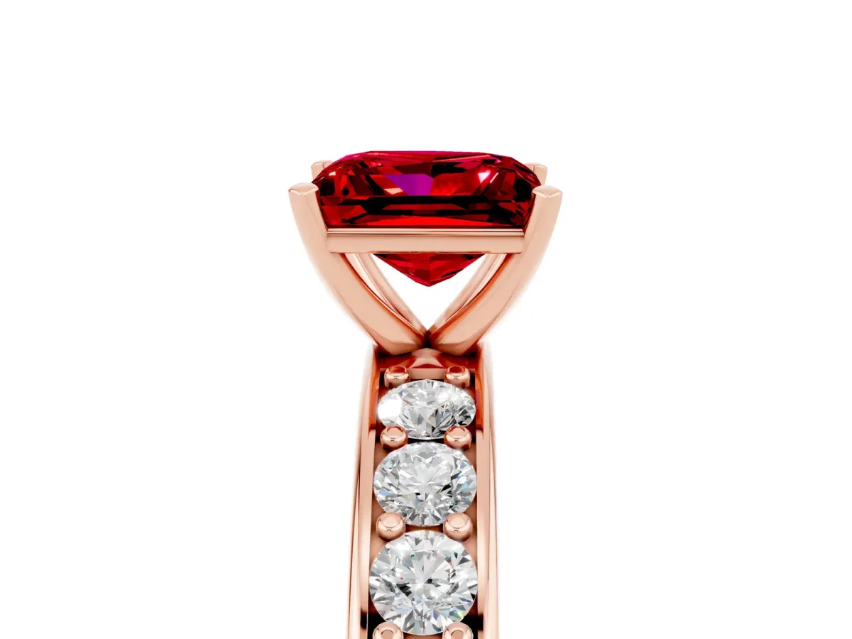 Princess Cut Ruby Engagement Ring with Channel Set Round Band and Prong Setting Rose gold