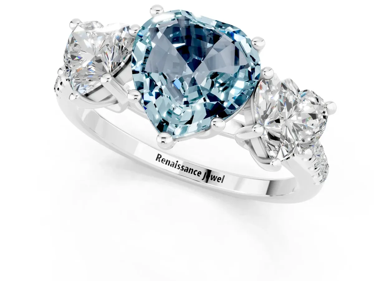 Three-Stone Heart Cut Aquamarine Ring with Round Pavé Band and Prong Setting Silver