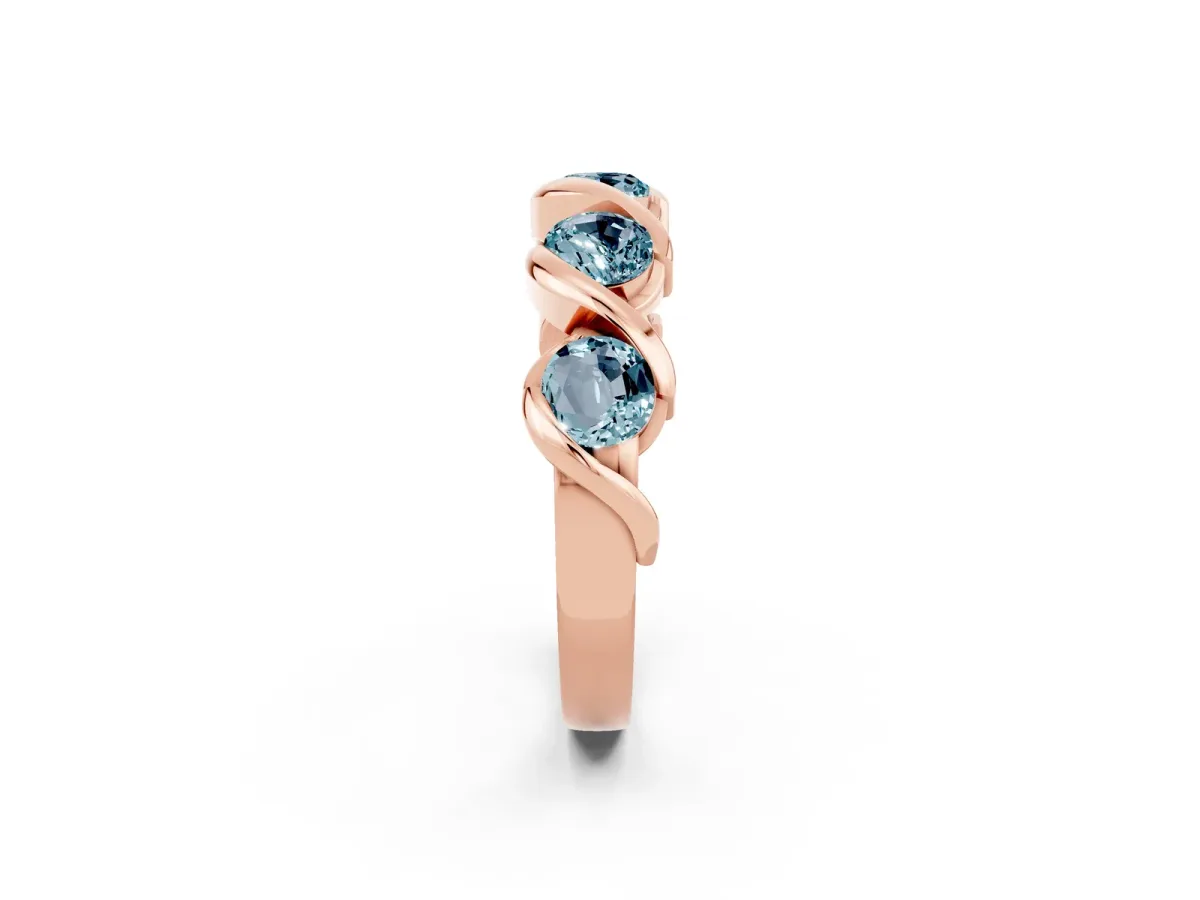 Round Aquamarine Wave Band with Channel Setting and Shared Prongs Rose gold