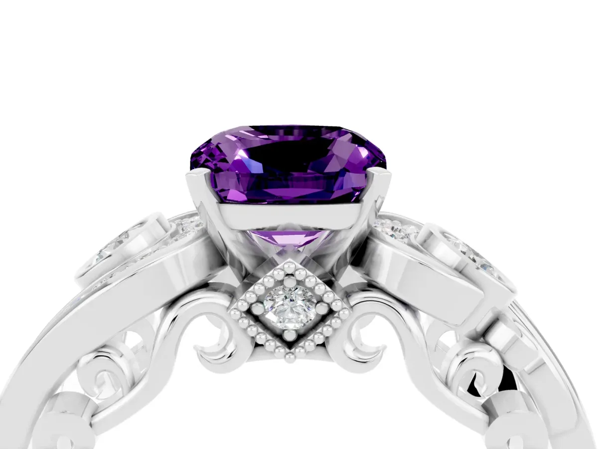 Cushion Cut Amethyst Solitaire Ring with Milgrain Pavé Band and Four-Prong Setting Silver