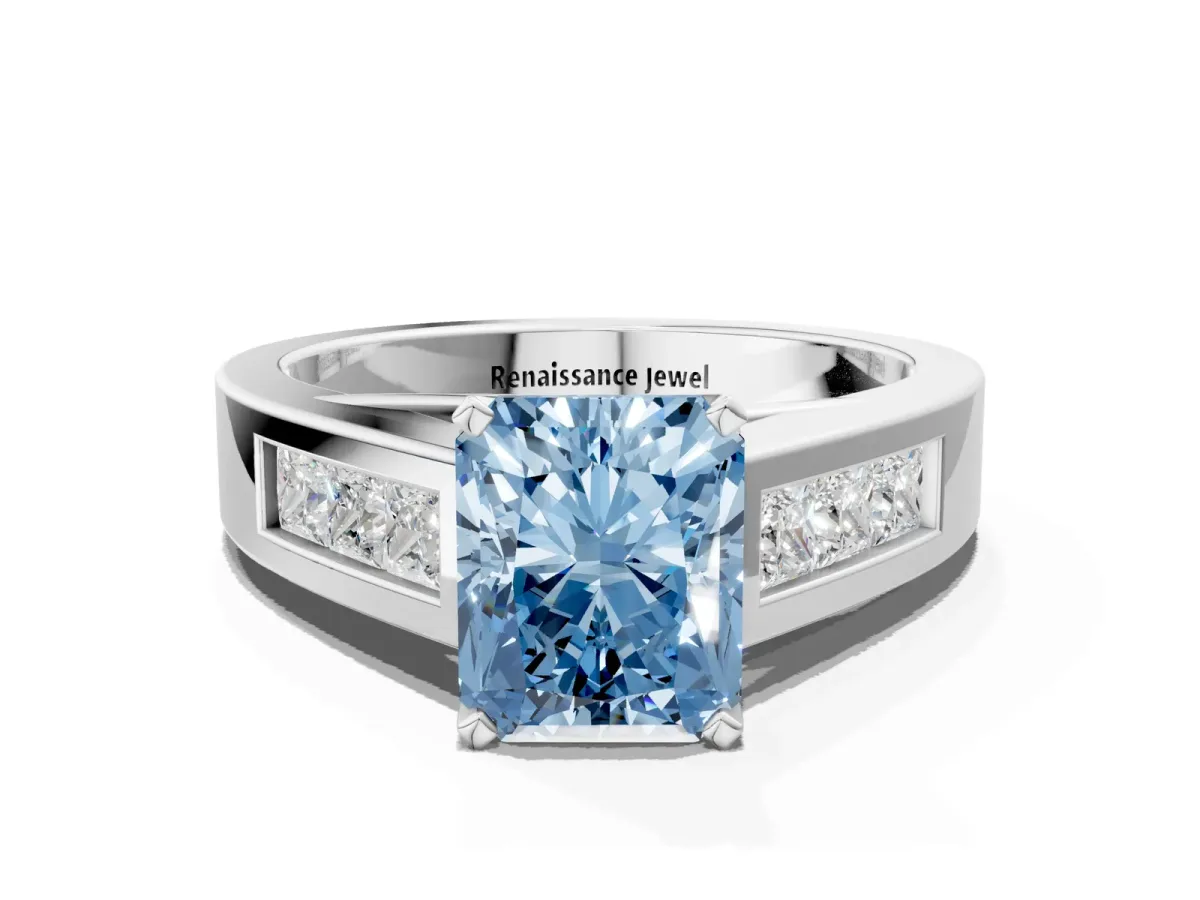 Fancy Blue Radiant Cut Cut Channel Set Solitaire Ring with Four-Prong Setting Platinum