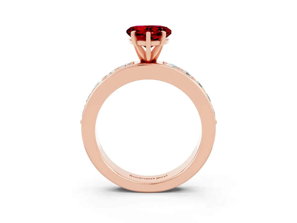 Heart Cut Ruby Engagement Ring with Channel Set Round Band and Prong Setting Rose gold