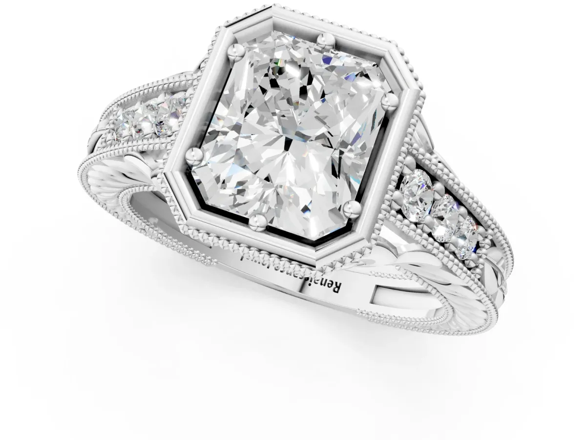 Bezel Set Radiant Cut Diamond Milgrain Pave Engagement Ring Platinum