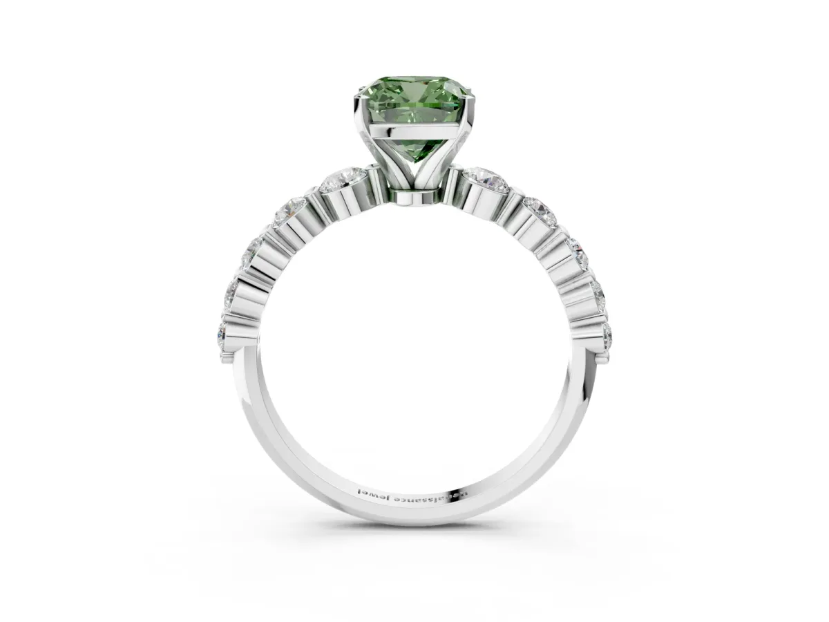 Fancy Green Cushion Cut Solitaire Diamond Ring with Pave Band and Four-Prong Setting Silver