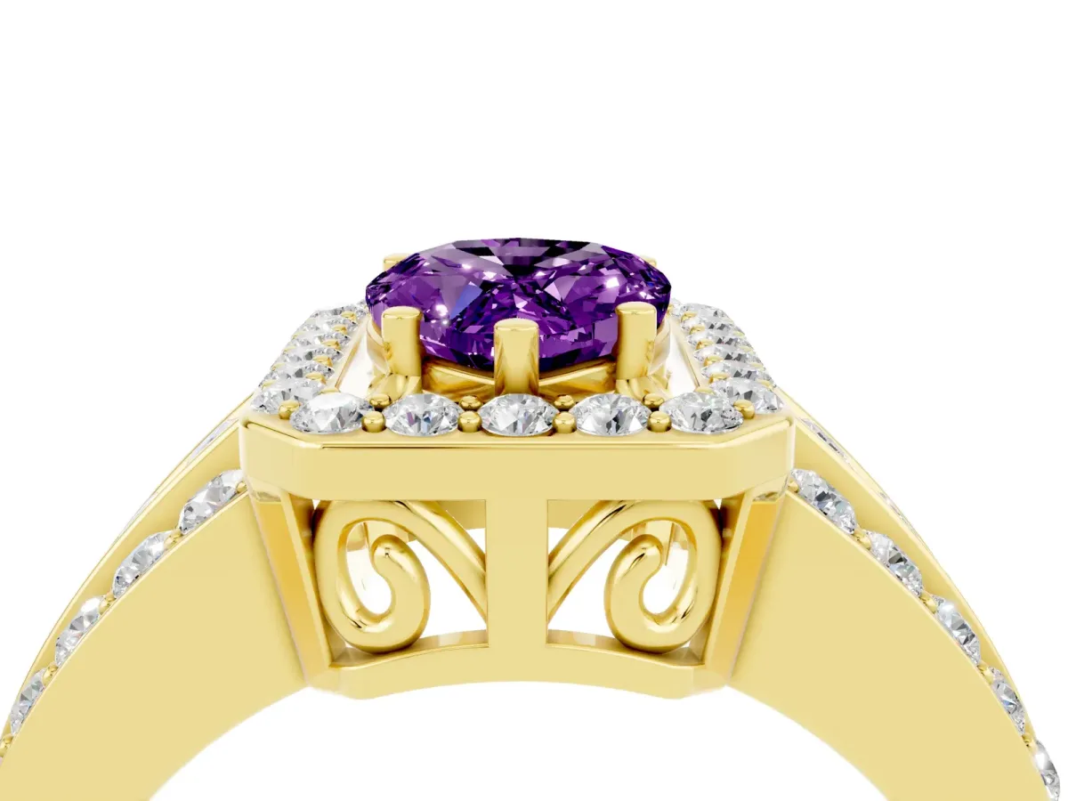 Pear Cut Halo Amethyst Ring with Round Split Shank and Prong Setting Yellow gold